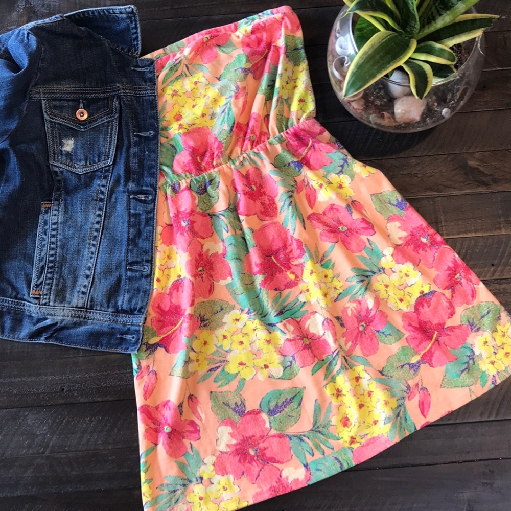 ORANGE FLORAL STRAPLESS DRESS / HAWAIIAN STYLE